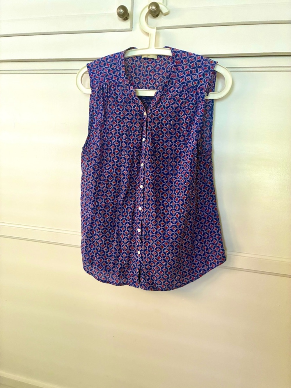 Joie Sleeveless Geometric Print Button-Front Tank Top Blouse - Blue Summer Red